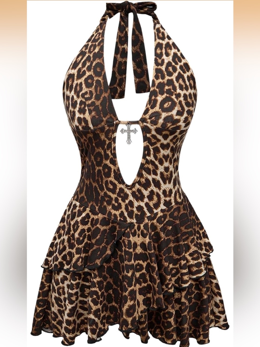Leopard Halter Dress Y2k Deep V  Layered Ruffle Mini Dress Gothic Grunge Punk